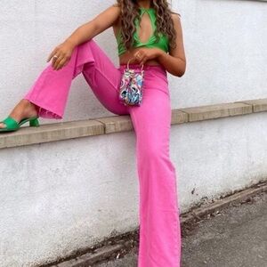 Blogger’s FAV!!! Zara hot pink jeans wide leg distressed size 0